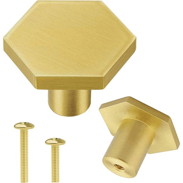 Set med 4 Massiva Mässings Möbelknoppar - Gyllene Lådknoppar Dörrhandtag med Skruvar - Hexagon Möbelhandtag för Kök