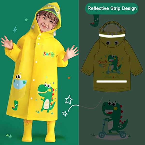 (Størrelse L) 1 gul dinosaur børns regnslag, vandtæt regnslag 3D tegneserie regnslag toddler regn