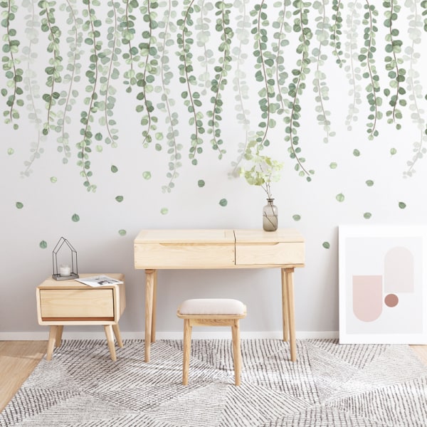 （100x55cm）Green Plants Eucalyptus Wall Sticker Vine Leaves Wall D