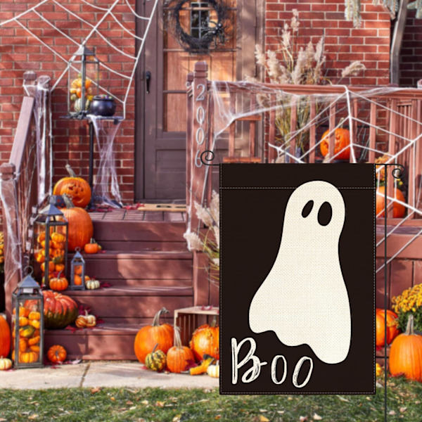 Spöklikt Halloween Boo Trädgårdsflagga Dubbelsidig Utomhus, Semestergård Utomhus Dekorativ Flagga 12 x 18 Tum