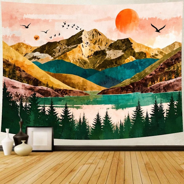 (130 cm x 150 cm) Bjergvægtekstiler Boho Solnedgang Natur Skov Træ Vægtekstil Vægophæng Solopgang Flod Sø Landskab Psykedelisk Sengegavl til Soveværelse L