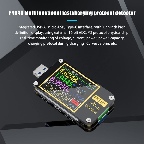 FNB48 PD USB Spänningstestare, USB 3.0 Voltmeter, DC 4-24V 6.5A Spänning och Ström Testare, USB C Mult