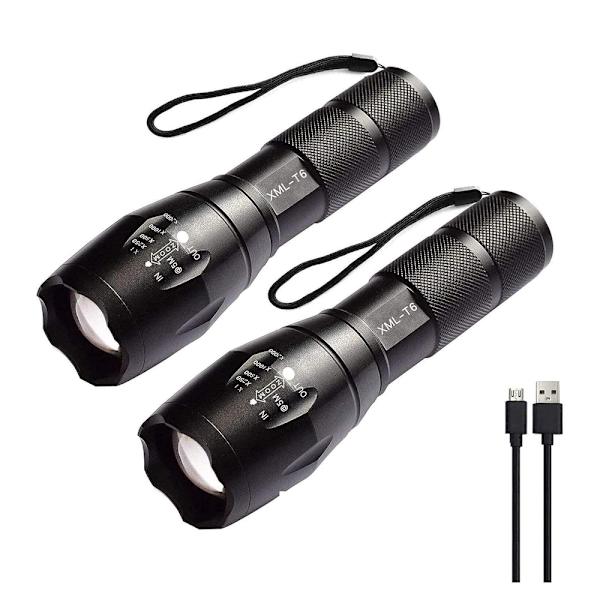 2-pack högpresterande LED-ficklampa med 2 uppladdningsbara batterier