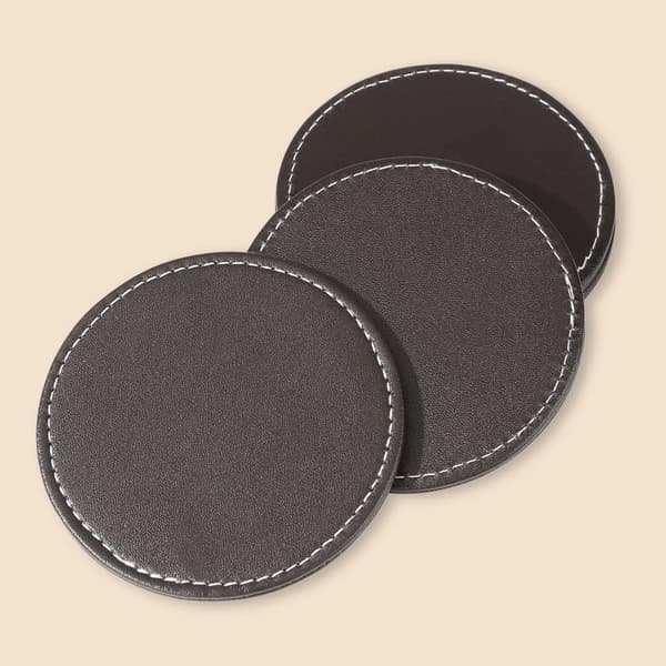 (Brun) Sæt med 6 læder coasters med holder