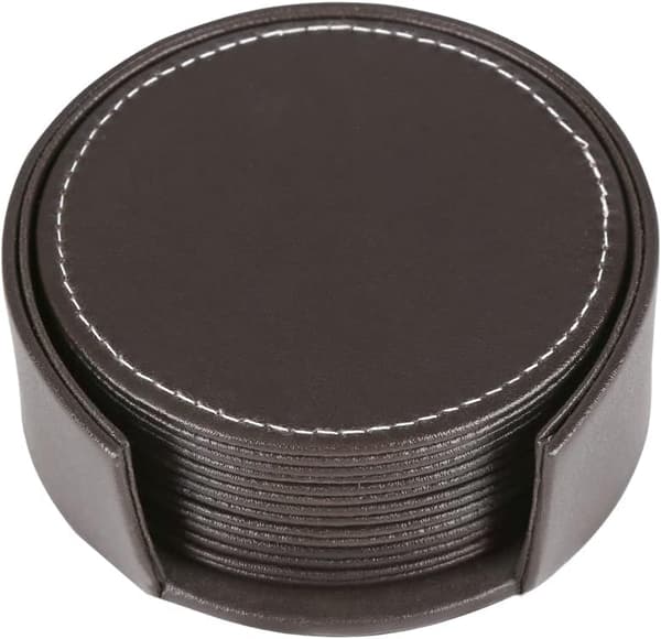 (Brun) Sæt med 6 læder coasters med holder