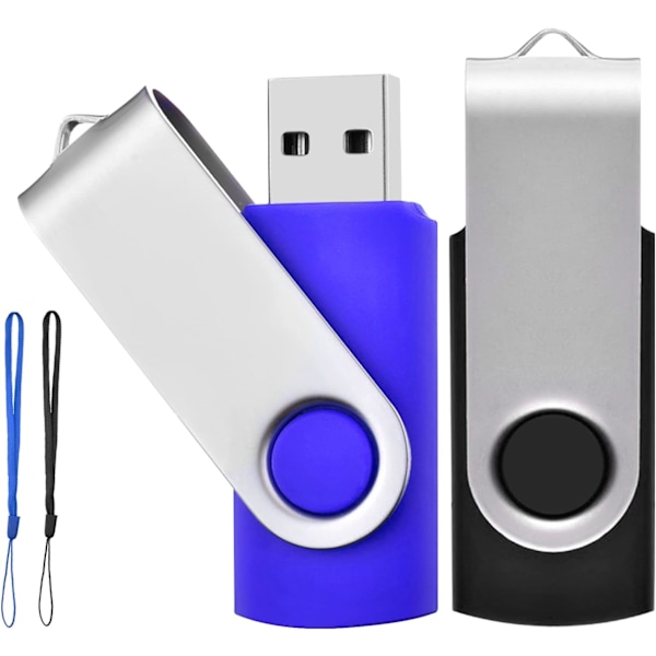 Paket 64G, Svart, Blå USB-minne 64GB USB 2.0 Minnen Roterande USB-minne med Snören Bra Present till Barn Föräldrar och Vänner