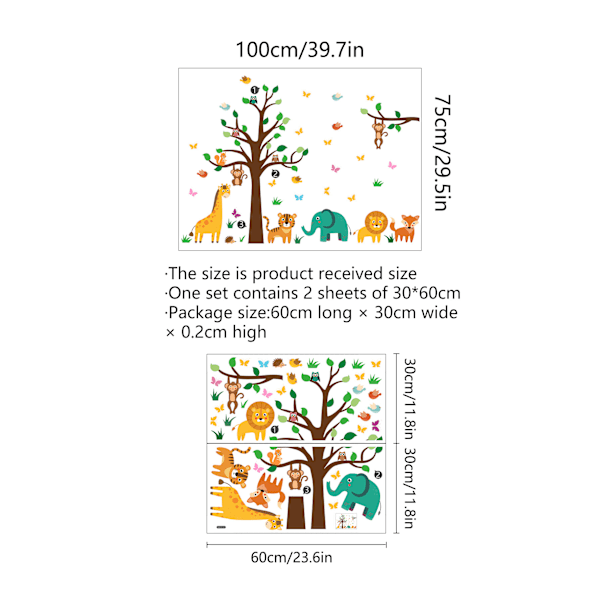 Metsäeläinten puu lasten seinätarrat apina norsu kirahvi