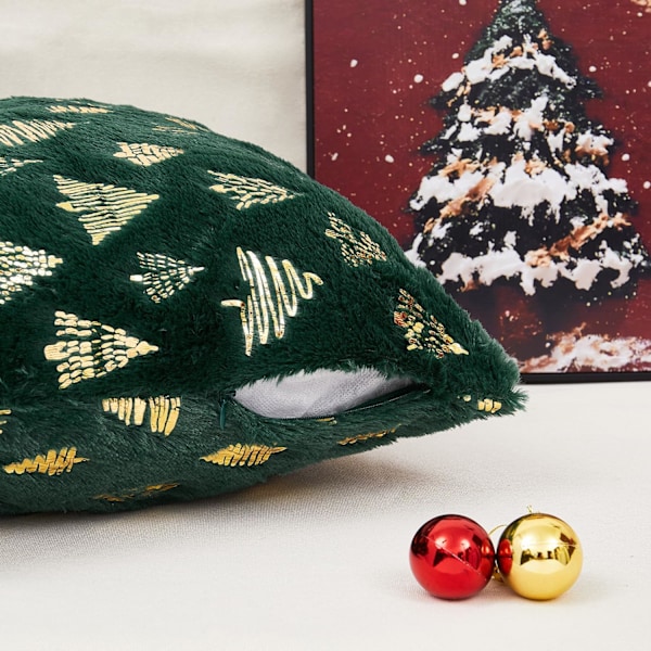 45×45×1cm Jul Kuddfodral Set med 2, Dubbelsidig Konstgjord Päls Fluffig Kuddfodral Guld Julgran Kuddfodral