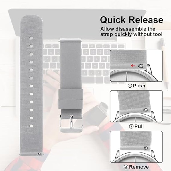 (22mm Grå) Silikone Urremme, Hurtigudløsning Vandtæt Blød Gummi Udskiftningsremme med Stainl