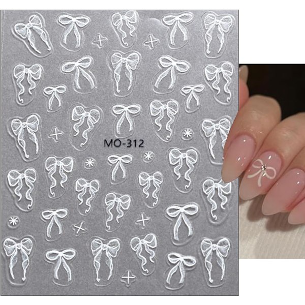 3 ark 5D Präglade Rosett Nagelstickers för Nagelkonst Självhäftande Rosett Nageldekaler Vita Rosa Rosett Nagelkonst Stickers Design