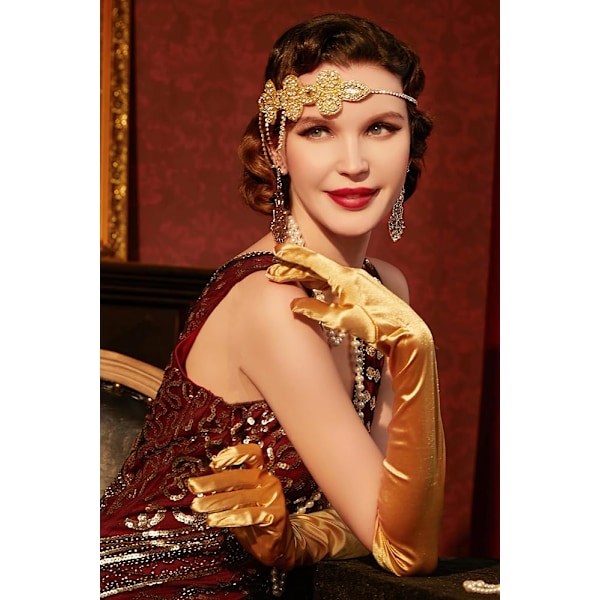 1920-luvun Flapper-asusteet, Kostuumitarvikkeet, 20-luvun Flapper-pääpanta, Helmikaulakoru, Hanskat, Muovipidike