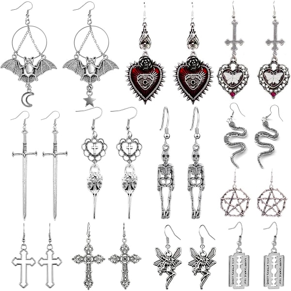 12 Par Gothic Punk Vintage Øreringe Sæt Grunge Goth Punk Rock Harajuku Emo Smykker Sølv Bat Kors Slange Pentagram Sw