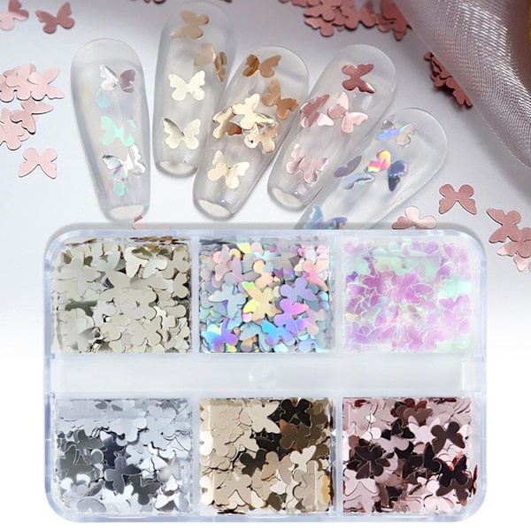 1 Set Vår/Sommar Nageldekoration - 6 Fack med Retro Holografiska Laserfjärilsglitterpaljetter, Delikat Nagelkonstdekal