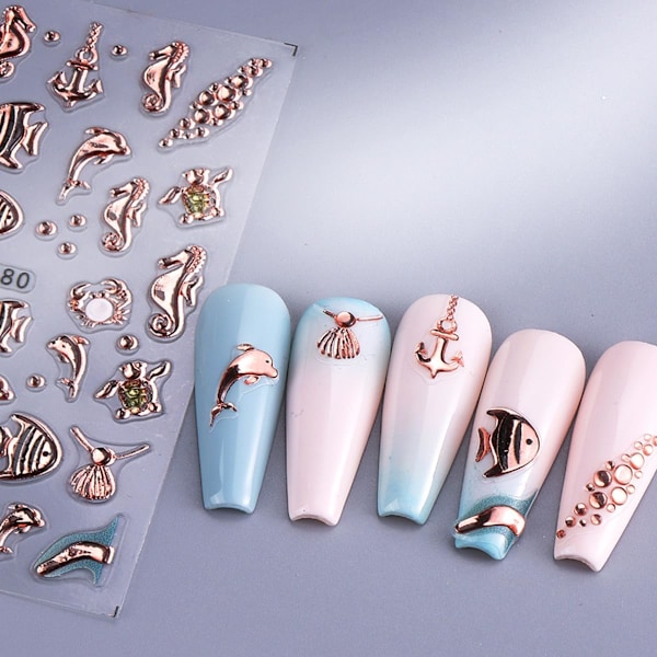 2 ST Ocean Style Nagelkonst Stickers 5D Präglade Marinliv Nageldekaler Gyllene Snäckskal Sjöstjärna Havsdjur Sommar Naglar Design Sticker Självhäftande