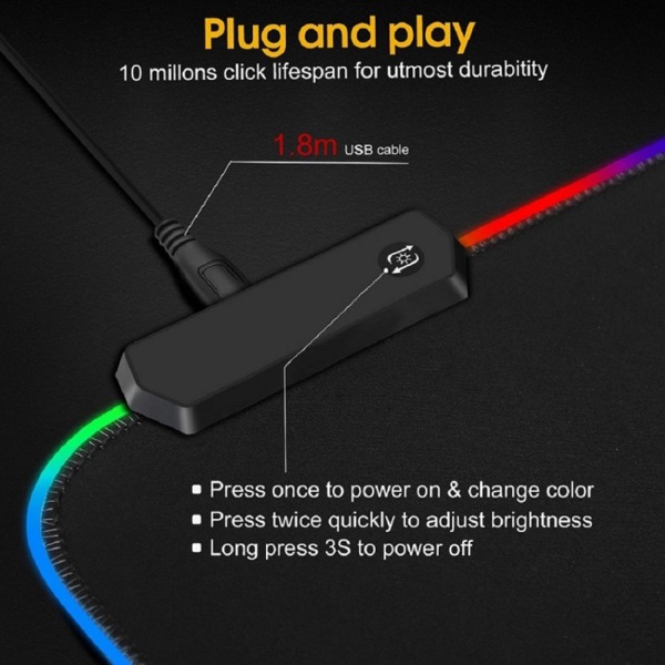 RGB Gaming-musematte Stor, tykk (800×300×4 mm) XXL-størrelse utvidet LED-musematte med sklisikre gummi