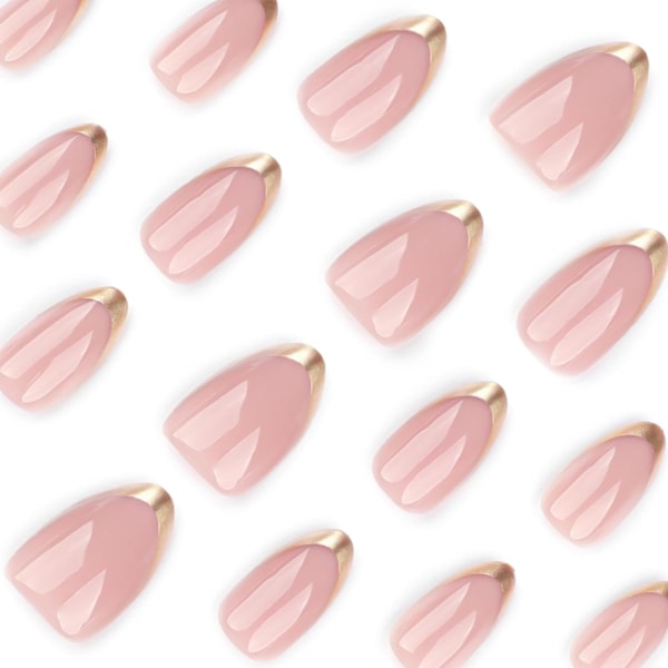 Set med 24 Lösnaglar Mandelformade, Nude Rosa Fransk Press-on Naglar med Guldkant, Full Täckning Akryl Press-on Naglar Glänsande Återanvändbara för Kvinnor