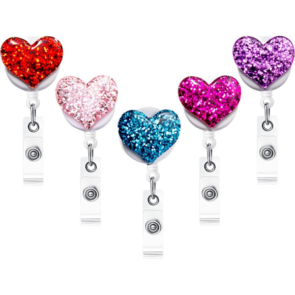 5-pack Bling Populära Hjärtformade Utdragbara Badgehållare, ID-Skollärarens Badge-Rulle med Alligator-Svängklämma