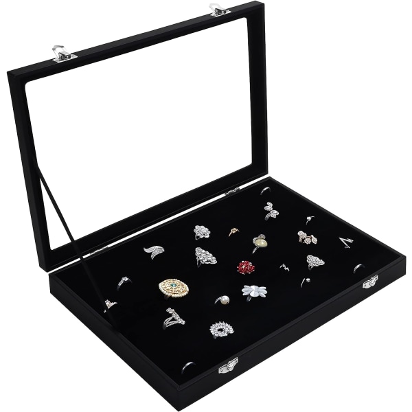 Sortfløjl Ring Display med låg - Ring Display med 100 Slots - Opbevaring af ringe, øreringe og manchetter