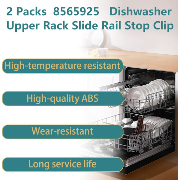 (2-pack) 8565925 Diskmaskins Övre Rack Slide Rail Stoppklämma Ersättning, Passar för Whirlpool Kenmore KitchenAid Diskmaskin