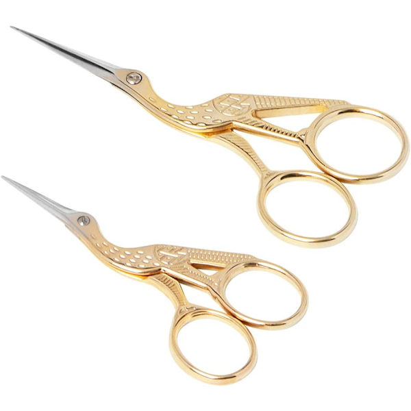 (Gull, 11,5 cm + 9,5 cm) Sett med 2 broderisakser, liten trane