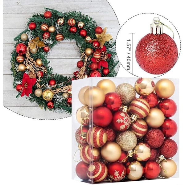 (Red Gold) 50 stk Julekuler Ornamenter Tredekorasjoner, 4CM Knusefrie Juletrær Ornamenter Jul Tre Henge