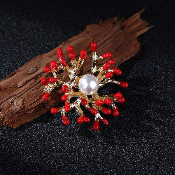 Rød koral blomst perle broche