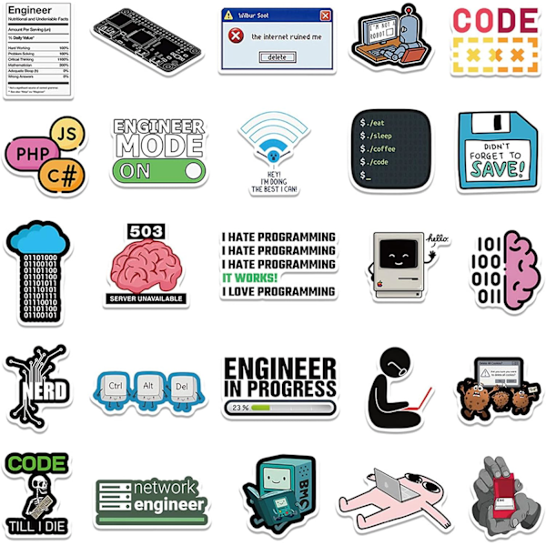 50 stk Programmering Klistremerker Gaver til Utviklere Programmerere Hackere Ingeniører, Program Klistremerker for Bærbar PC Datamaskin Vann