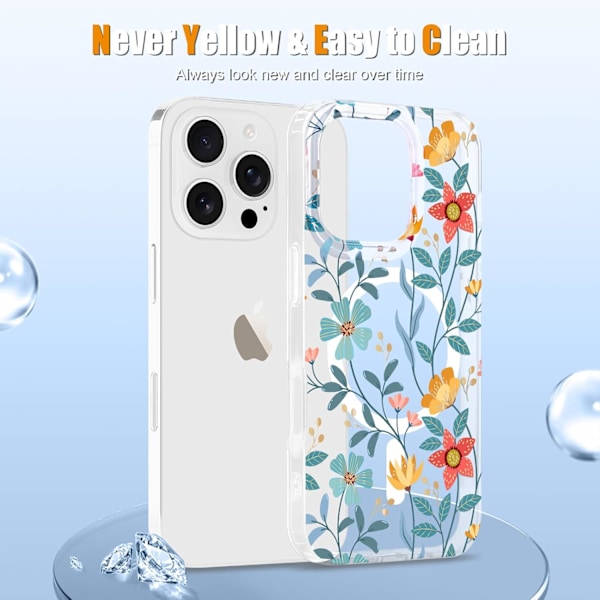 Magnetisk Skal för iPhone 16 Pro Max Floral, Sött Lyxigt Transparent Blomsterskal för Kvinnor Flickor Mjuk Elegant Plätering [Kompatibel med Magsafe] Skyddande Ph