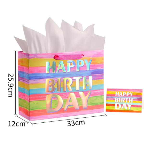 3 store gavepose med kort 33*26*12cm (farverig tillykke med fødselsdagen)