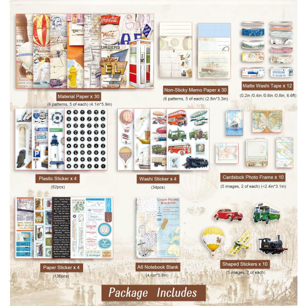 Rejsescrapbogssæt, journaltilbehør, junkjournalsæt med Washi-tape, klistermærker, A6-note