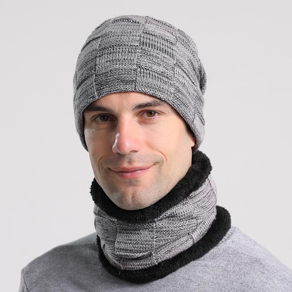 Grå Unisex Beanie Sjal Sett, 2 i 1 Vinter Termisk Strikket Lue S