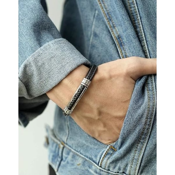 Svart läderarmband för tonårspojkar i silverfärgat rostfritt stål