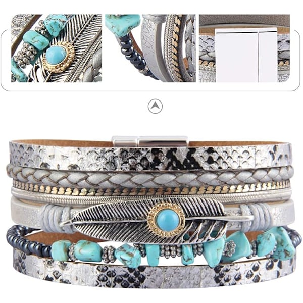 1 st. Läderarmband för kvinnor med fjäder, flätat läder, turkos, boho-armband