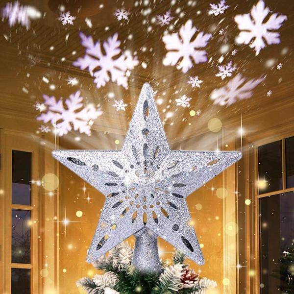 Julgransstjärna med roterande snöflingsprojektorljus, 3D glitter ihålig stjärntopp f