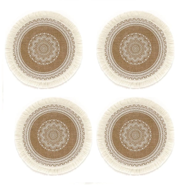Pyöreät juuttipöytätabletit, 4 kpl, kotiin, ravintolaan, retrohenkiseen sisustukseen, valkoisilla puuvillatupsuilla, 38 cm