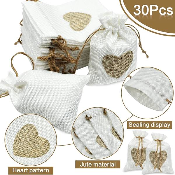 30 kappaleen pakkaus Hessian Burlap-pusseja Sydänkuvioinen Jute-pussi D:llä