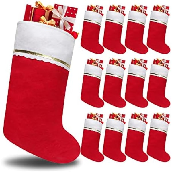 12 Pack Felt Christmas Stockings, 19 Inches Red and White Christmas Stockings Hanging Ornaments, White cuff with Gold Tr