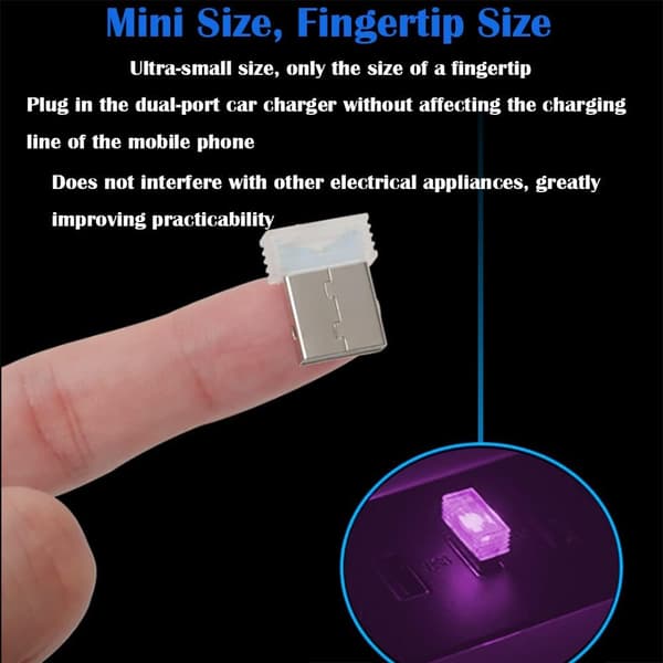 Mini USB til bilinteriør, 10 stk. LED bilinteriør, Bilinteriørbelysning, USB bilinteriørlys, LED bilinteriør (pink-lilla)