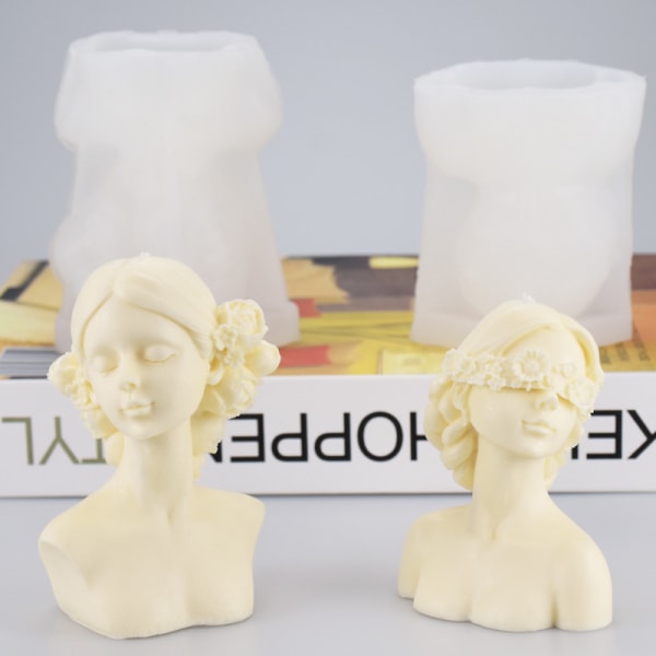 2 stk 3D stearinlys silikonform, lukkede øyne jente og bind for øynene