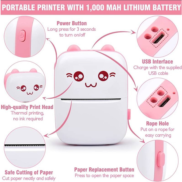 Pink Bærbar Printer, Mini Lomme Trådløse Termiske Printere