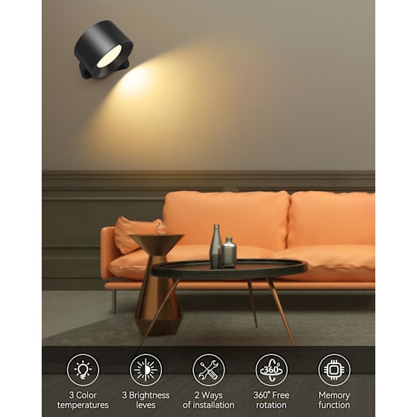 Indendørs væglampe, genopladelig LED-væglampe med touch-funktion og type-C-stik