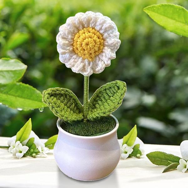 Virkade Blommor i Kruka, Stickade Växter i Kruka, Söta Stickade Blommornament, Handgjorda Bilvirkade Mittkonsol
