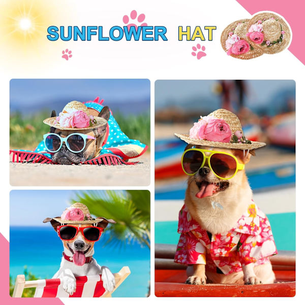 (M, Rosa Blomma) Hund Halm Sombrero Hatt Husdjur Solhatt med Blommor Födelsedagsfest Hatt för Liten Valp Katt