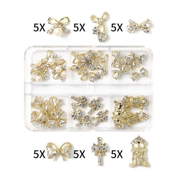 30 stk perle sløyfe negl charms, 3D gull kors sløyfe negl rhinestones, eske søte neglkunst sløyfer negl D