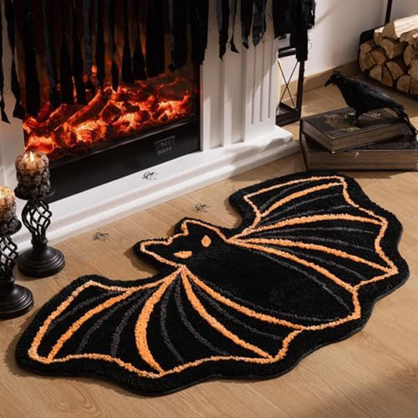 Happy Halloween Matta Svart Batformad Area Matta, Mjuk Tuftad Matta för Entré Vardagsrum Sovrum Badrum, Halksäker Dekorativ