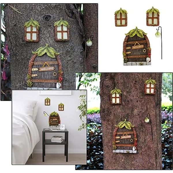 Ikkunat ja ovet keijujen miniatyyreille, jotka hohtavat pimeässä, keijujen ikkuna ja ovi