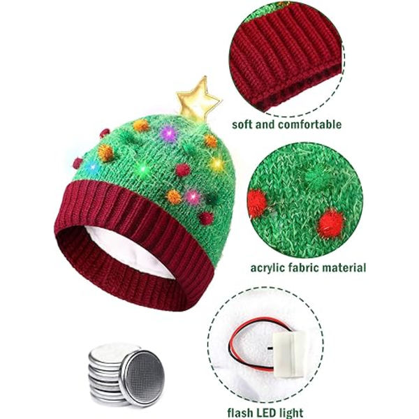 2 stk. grimme LED julelys op hat unisex vinterhue strik ha