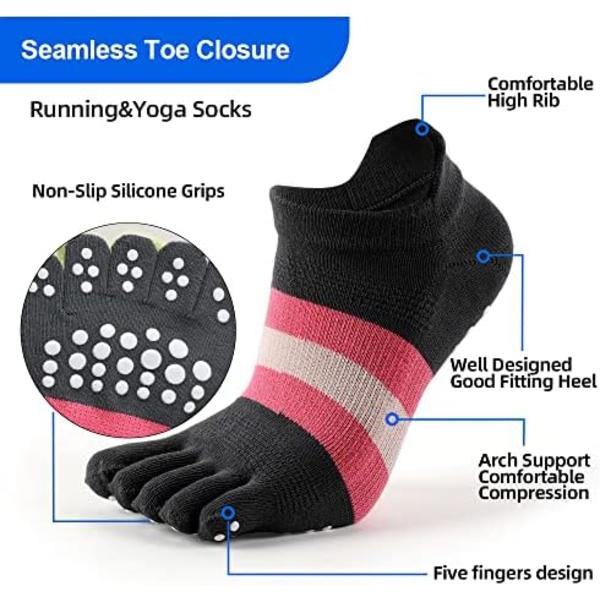 Løping Yoga Antislipp Toesocks For Kvinner Med Grep, Fem-Fingersokker For Løping, Pilates, Ballet, Trening 3 Par