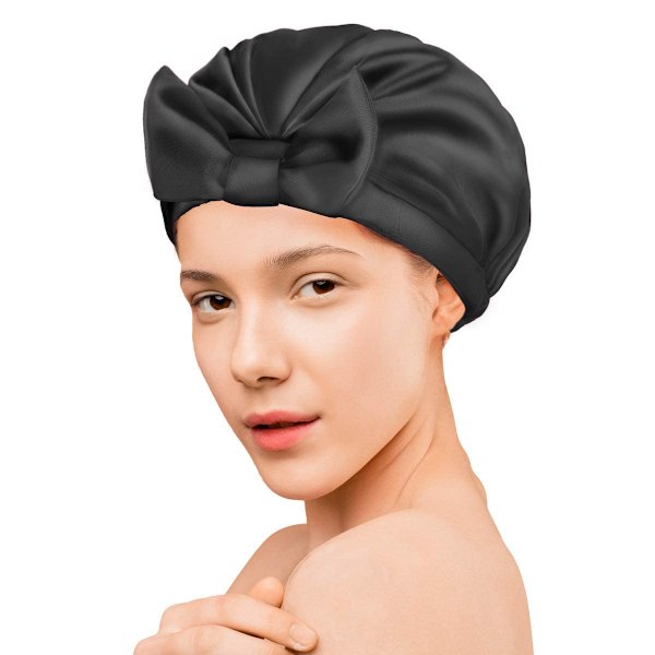 1 stk ensfarget polyester oversized dusjhette, sløyfe dobbeltlags gjenbrukbar dusjhette, Black