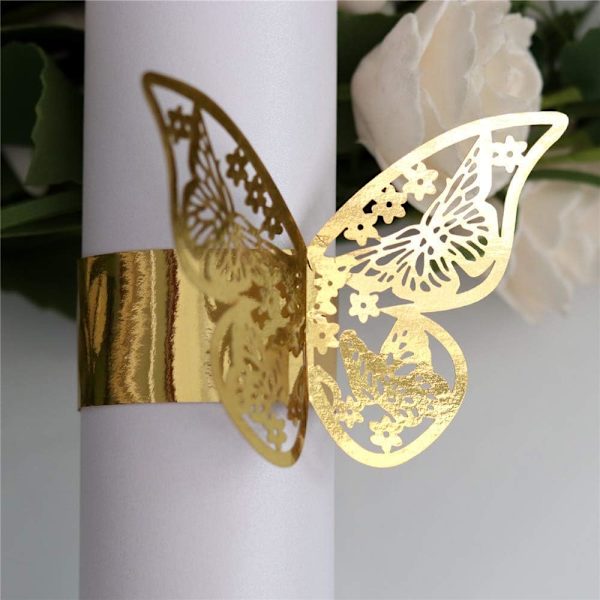 Reflekterende Guld 100 stk 3D Nye Butterfly Papir Servietringe Bryllupper Fest Serviet Borddekoration Restaurant
